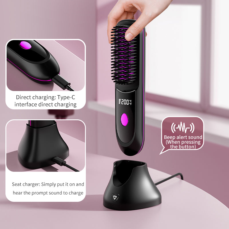 Wireless straight hair comb with charging holder